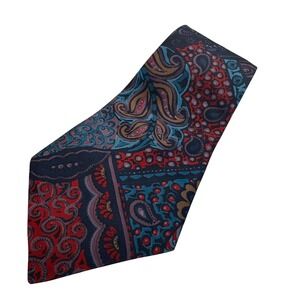 Vintage Mens Paisley Patchwork Necktie Navy Blue Burgundy Red Teal Polyester Tie